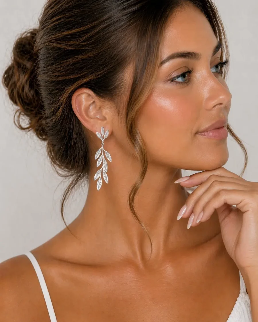 Boucles d'oreilles feuilles pendante argenté acier inoxydable