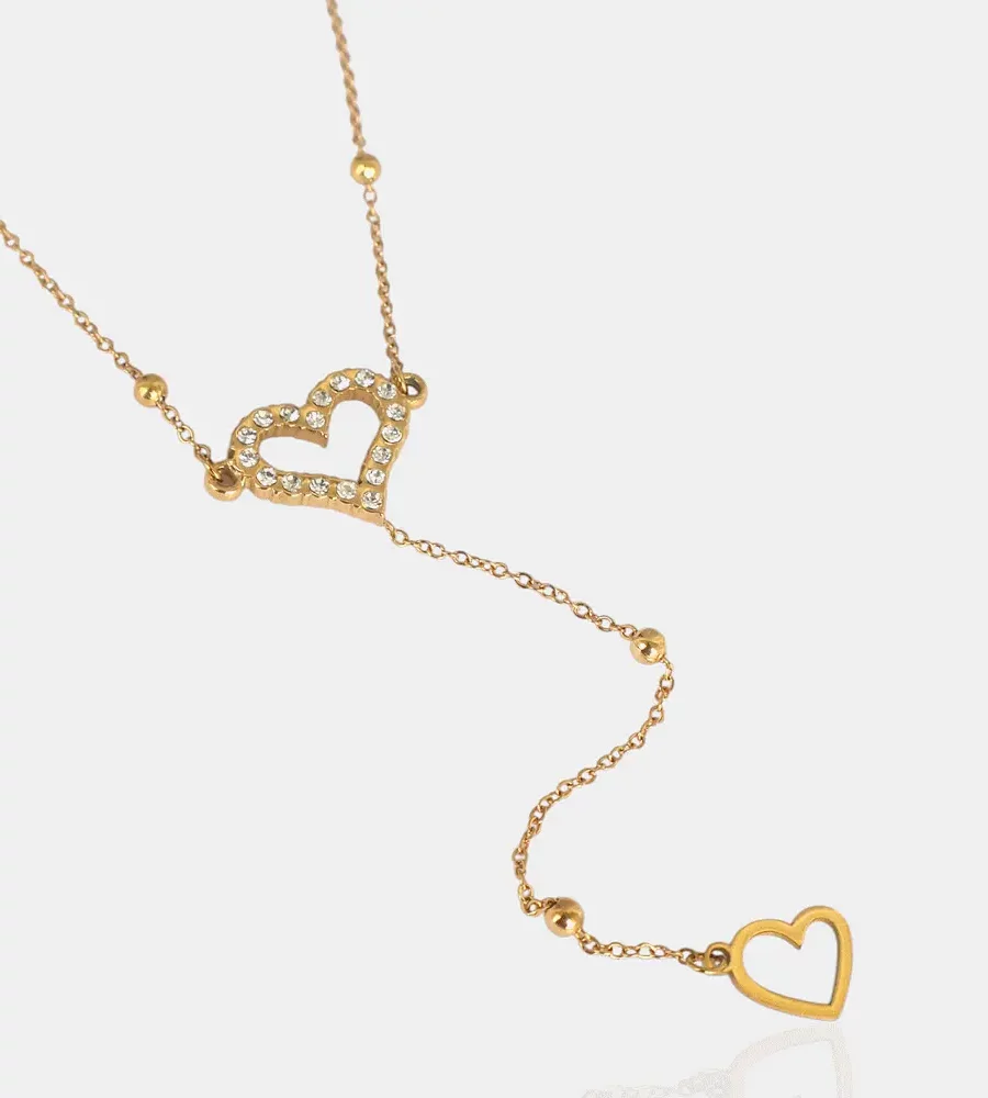 Collier y cœur en strass et petit cœur lisse