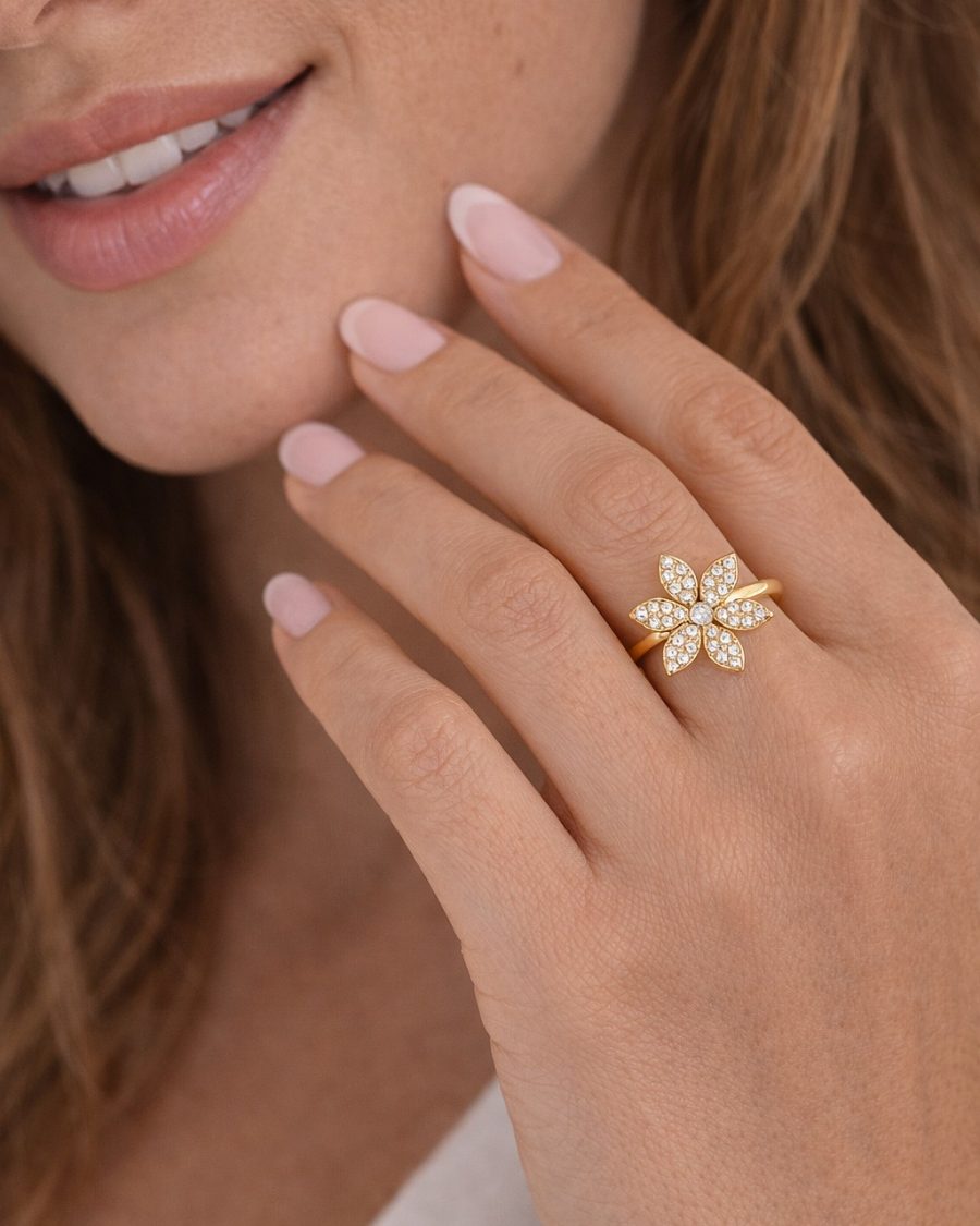 Bague ajustable fleur strass en acier inoxydable