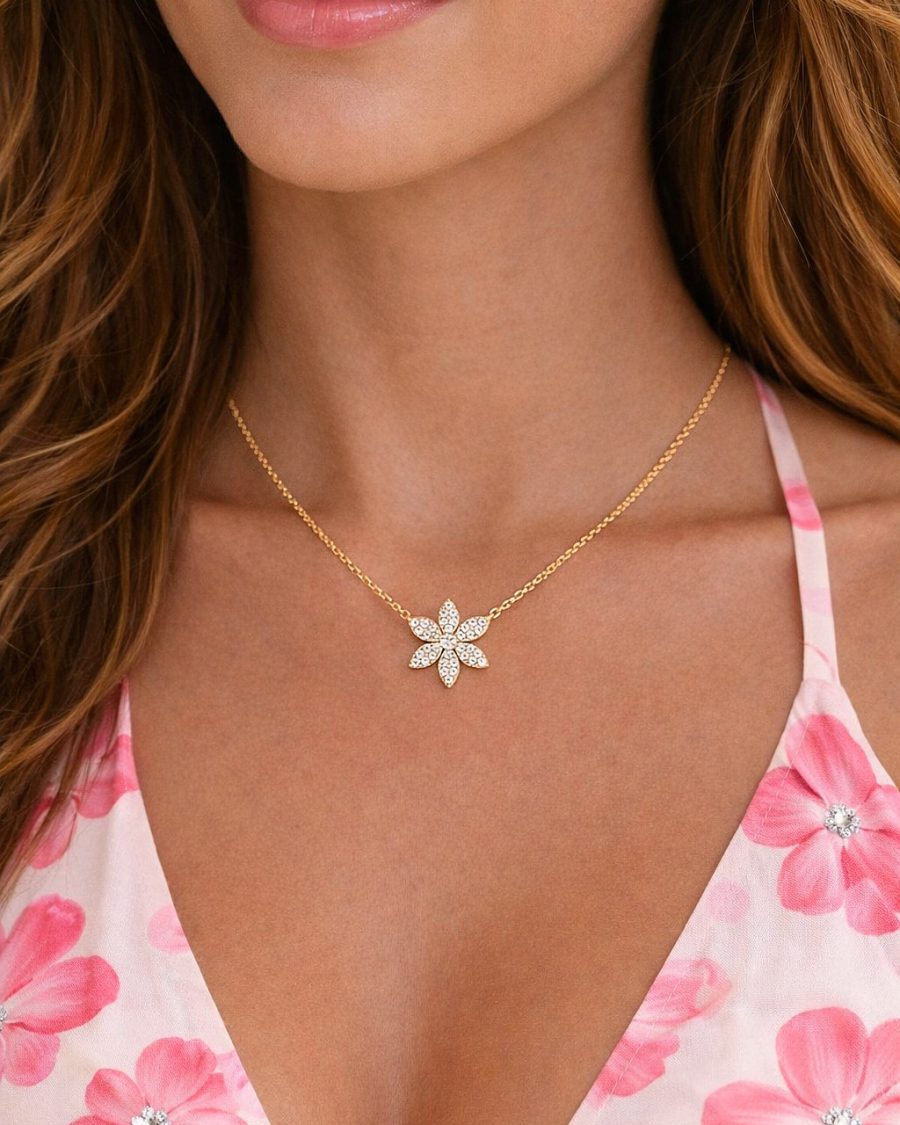 Collier fleur zircon en acier inoxydable doré