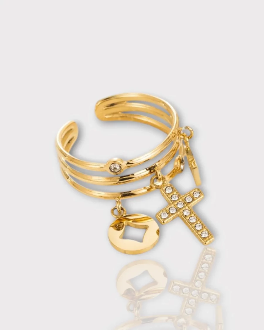 Bague breloque croix au centre orné de strass, dorée en acier inoxydable