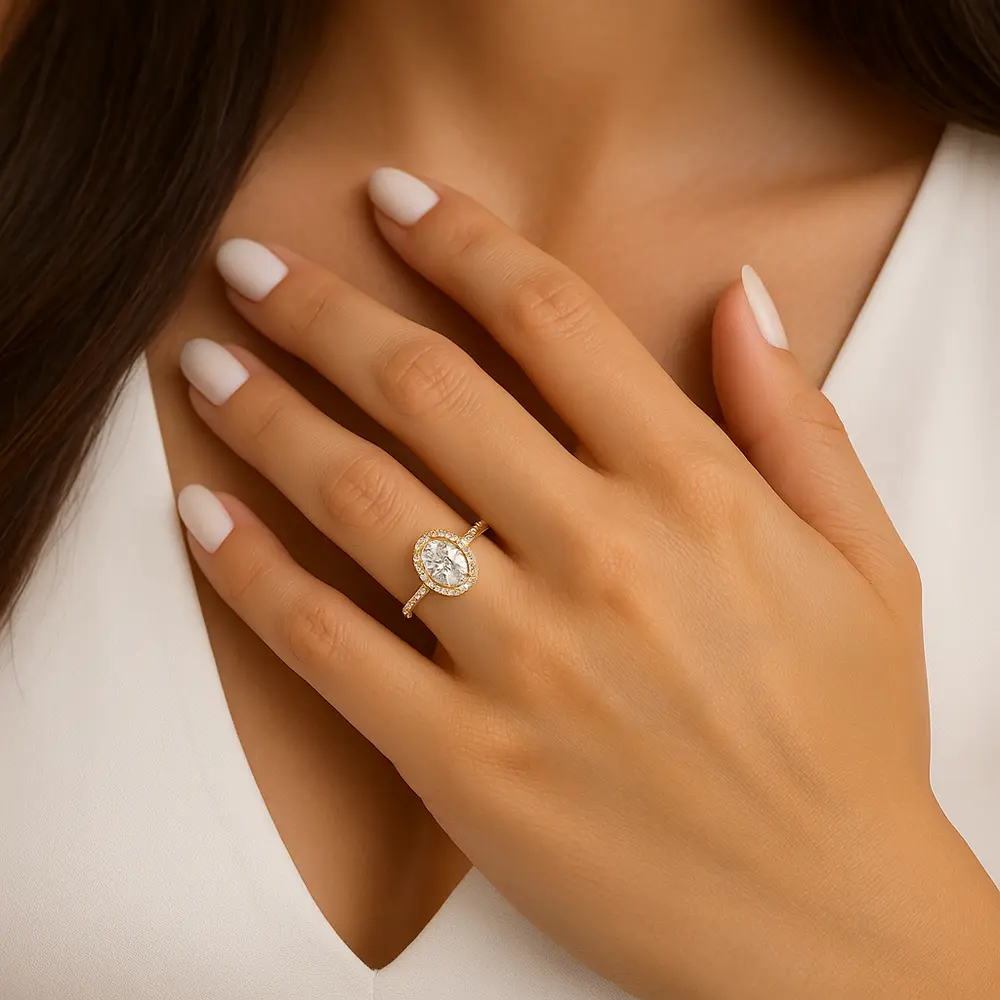 Bague solitaire avec strass ajustable porter sur un mannequin