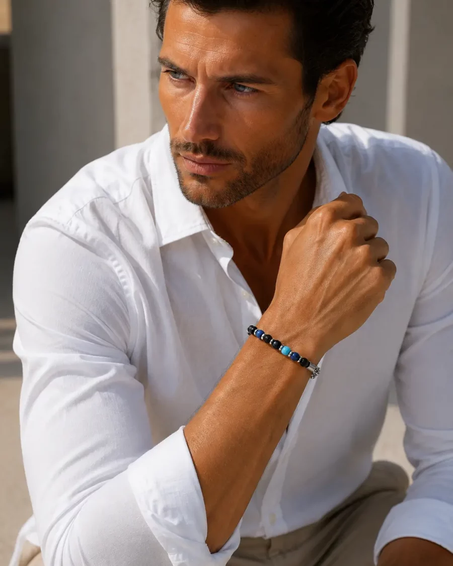 Bracelet pierre naturelle bleu acier inoxydable homme