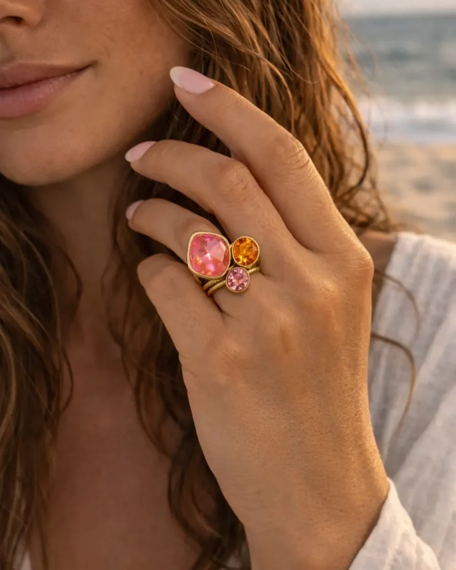 Bague cristaux swarovski rose et orange, ajustable en acier inoxydable