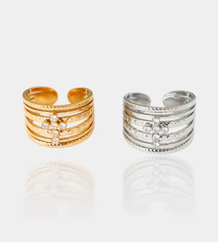 Bague croix acier inoxydable martelée dorée et argentée avec strass