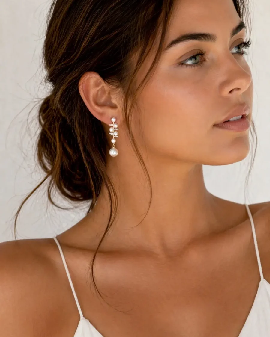 Boucles d’oreilles pendantes perles blanches en acier inoxydable