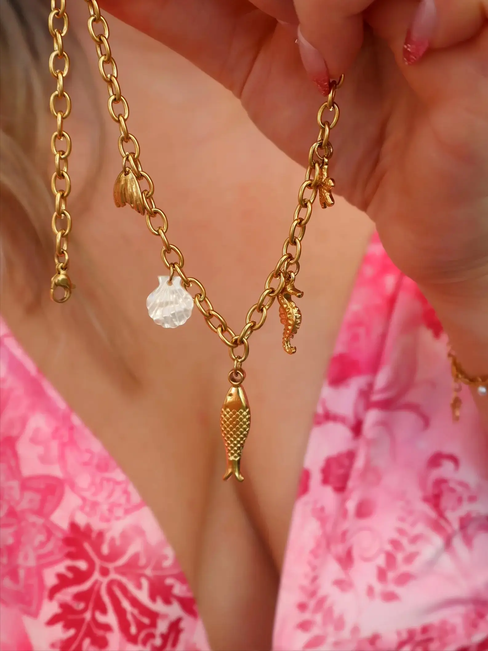 Collier breloque marin doré, avec coquillages, poisson en acier inoxydable