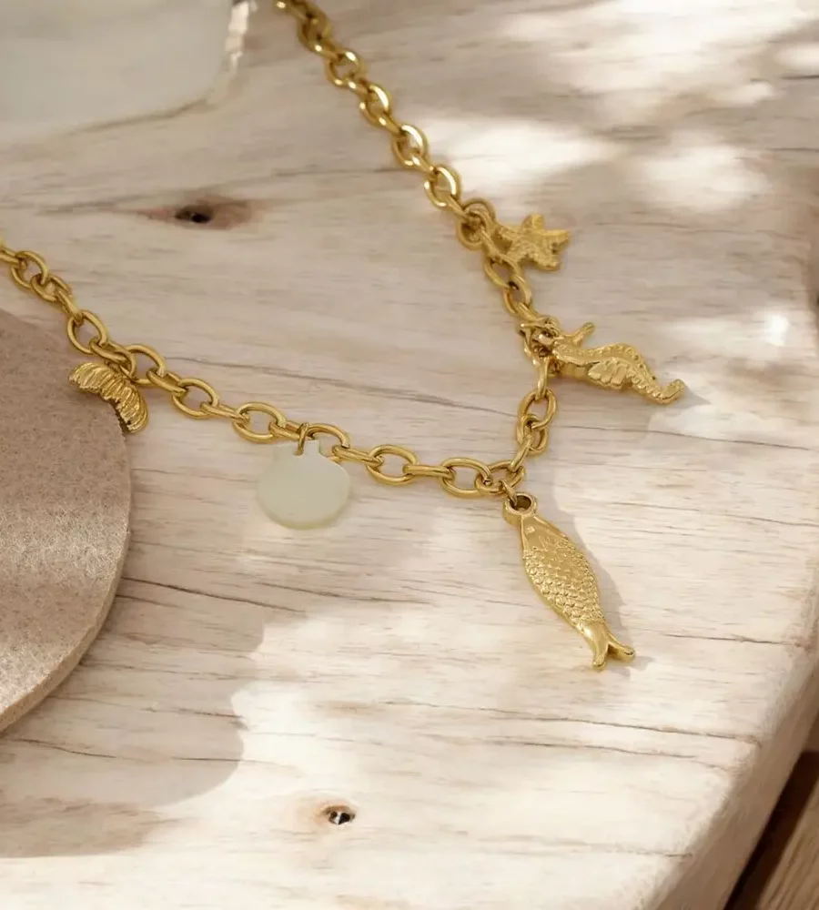 Collier breloque marin, doré en acier inoxydable pour femme