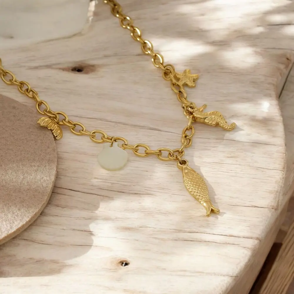 Collier breloque marin, doré en acier inoxydable pour femme