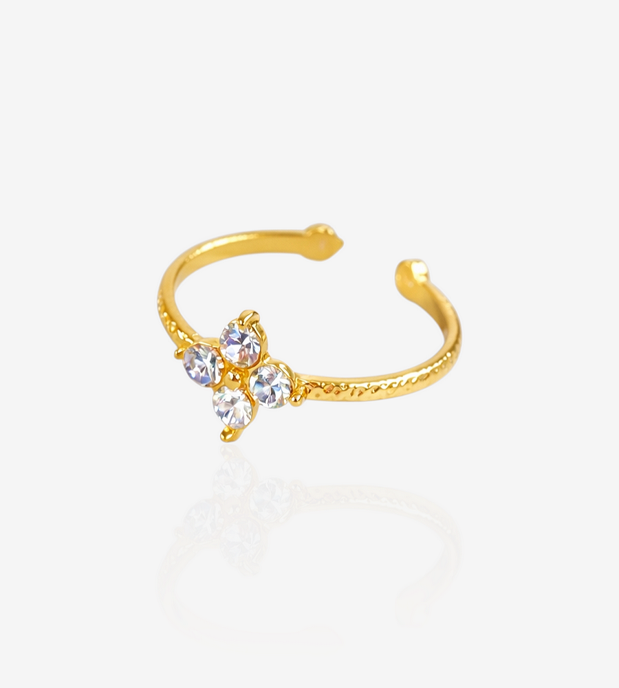 Bague dorée strass ajustable avec fleur brillante – bijou fantaisie chic et discret pour femme.
