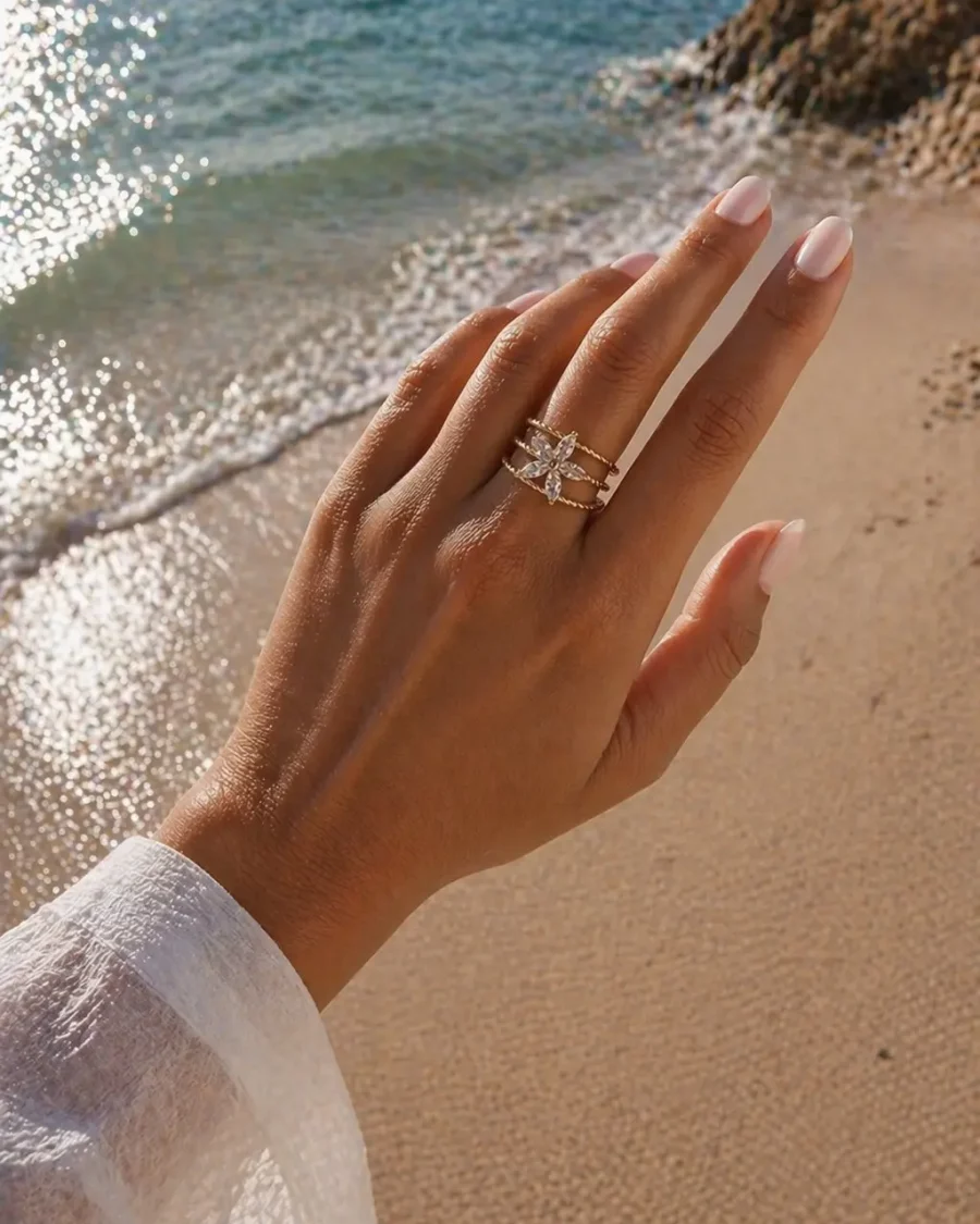 Bague multi rang fleur doré en acier inoxydable