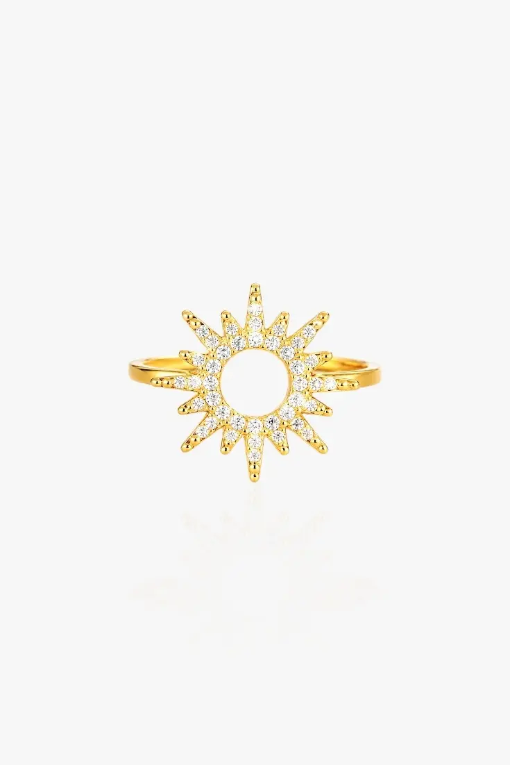 Bague soleil strass doré ajustable en acier inoxydable