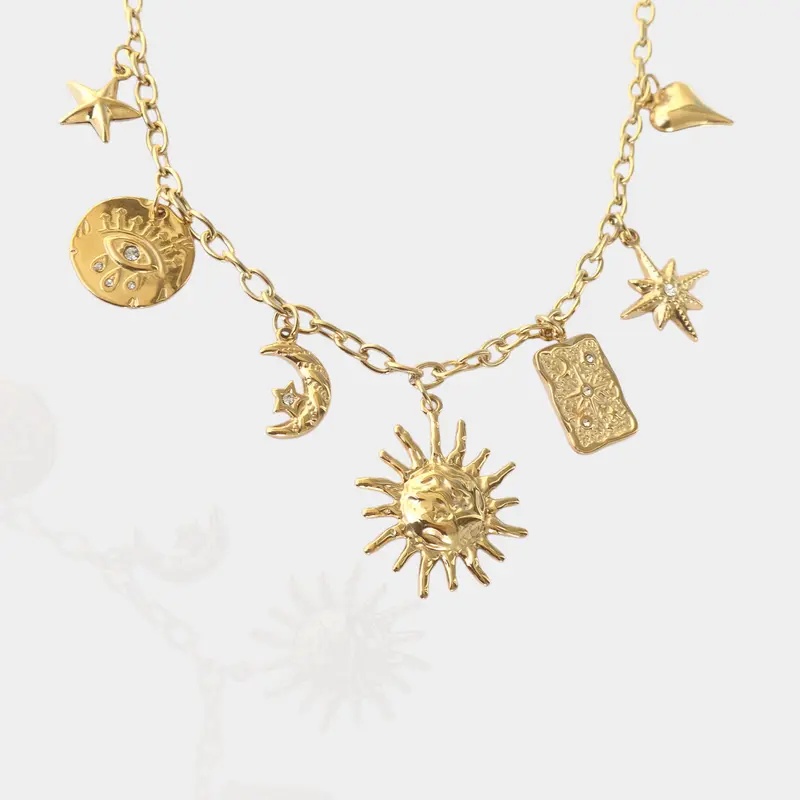 Collier breloque en acier inoxydable, Soleil lune, étoile, doré pour femme