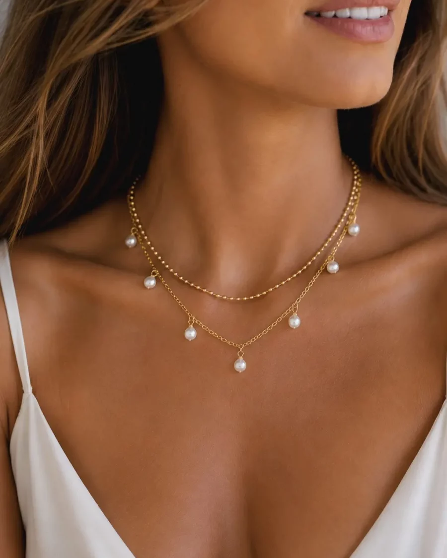 Collier double chaîne perles en acier inoxydable doré
