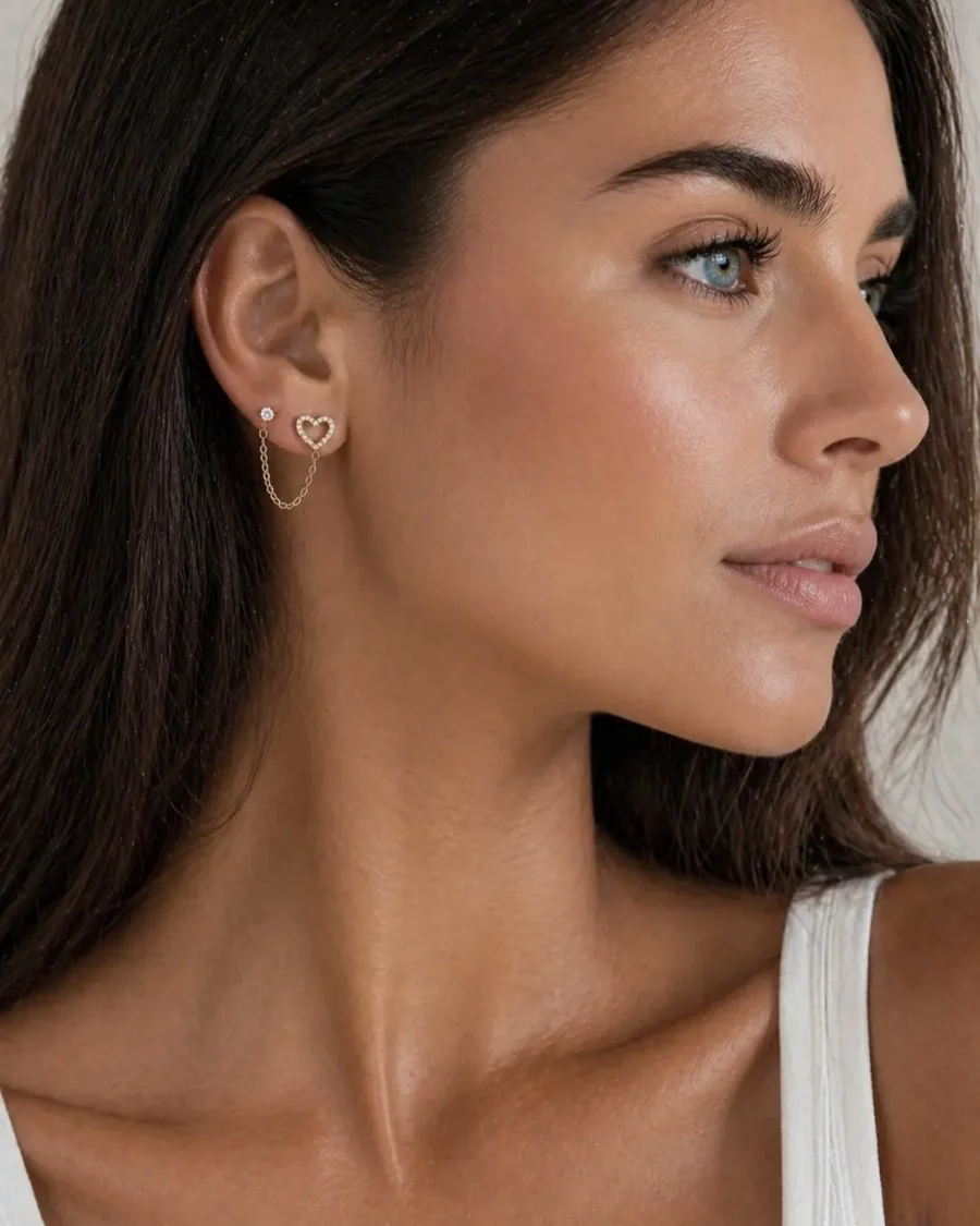 boucle d’oreille cœur chaîne doré acier inoxydable