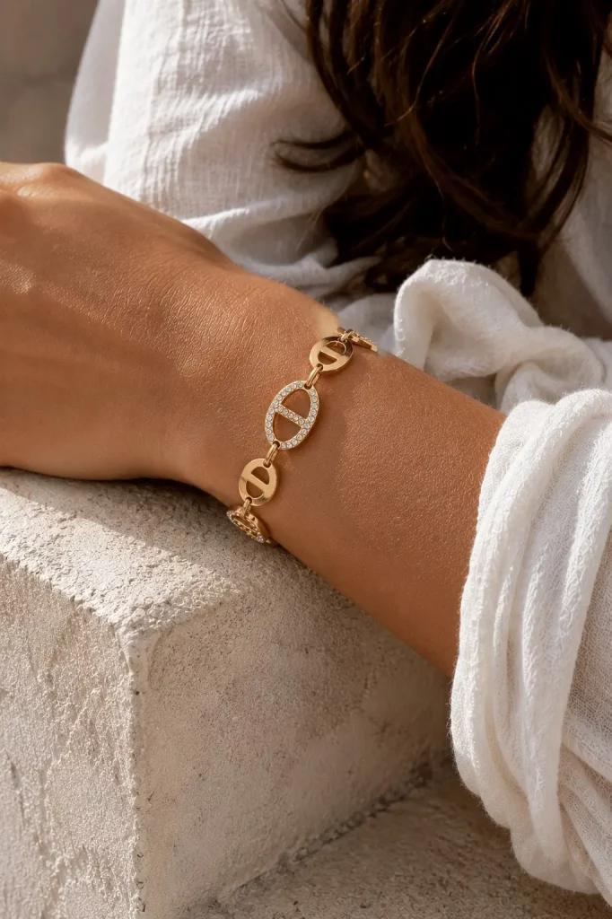 Bracelet maille marine strass doré en acier inoxydable pour femme