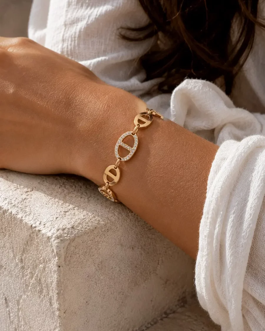 Bracelet maille marine strass doré en acier inoxydable pour femme