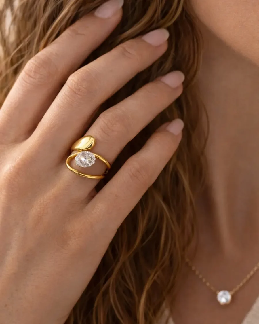 Bague zircon réglable dorée en acier inoxydable