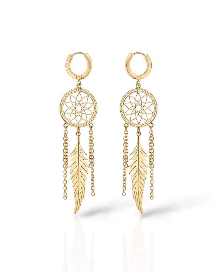 Boucles d’oreilles attrape rêve dorées en acier inoxydable