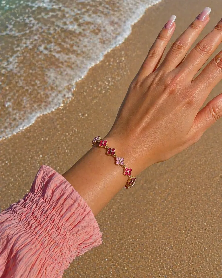 Bracelet fleur rose coloré en acier inoxydable
