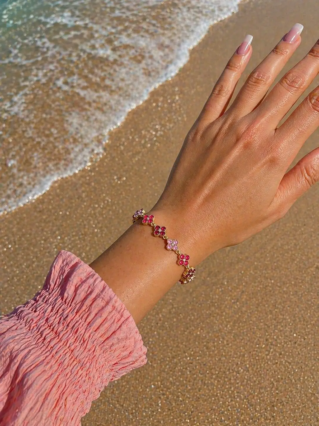 Bracelet fleur rose coloré en acier inoxydable