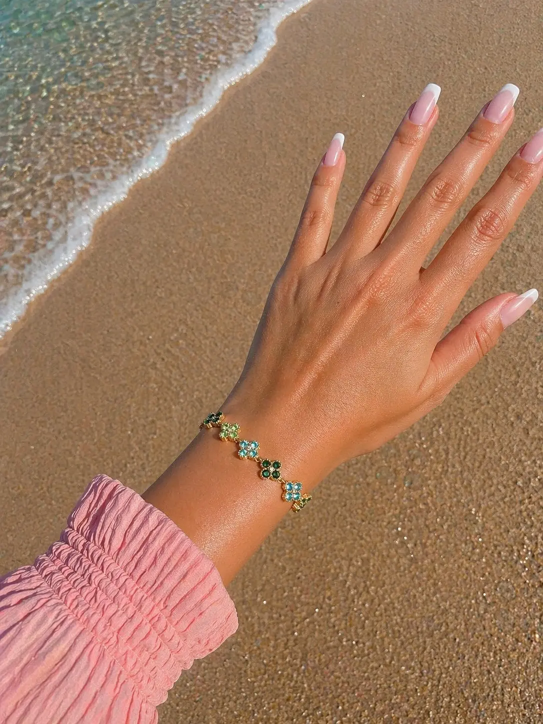 Bracelet fleur vert coloré en acier inoxydable
