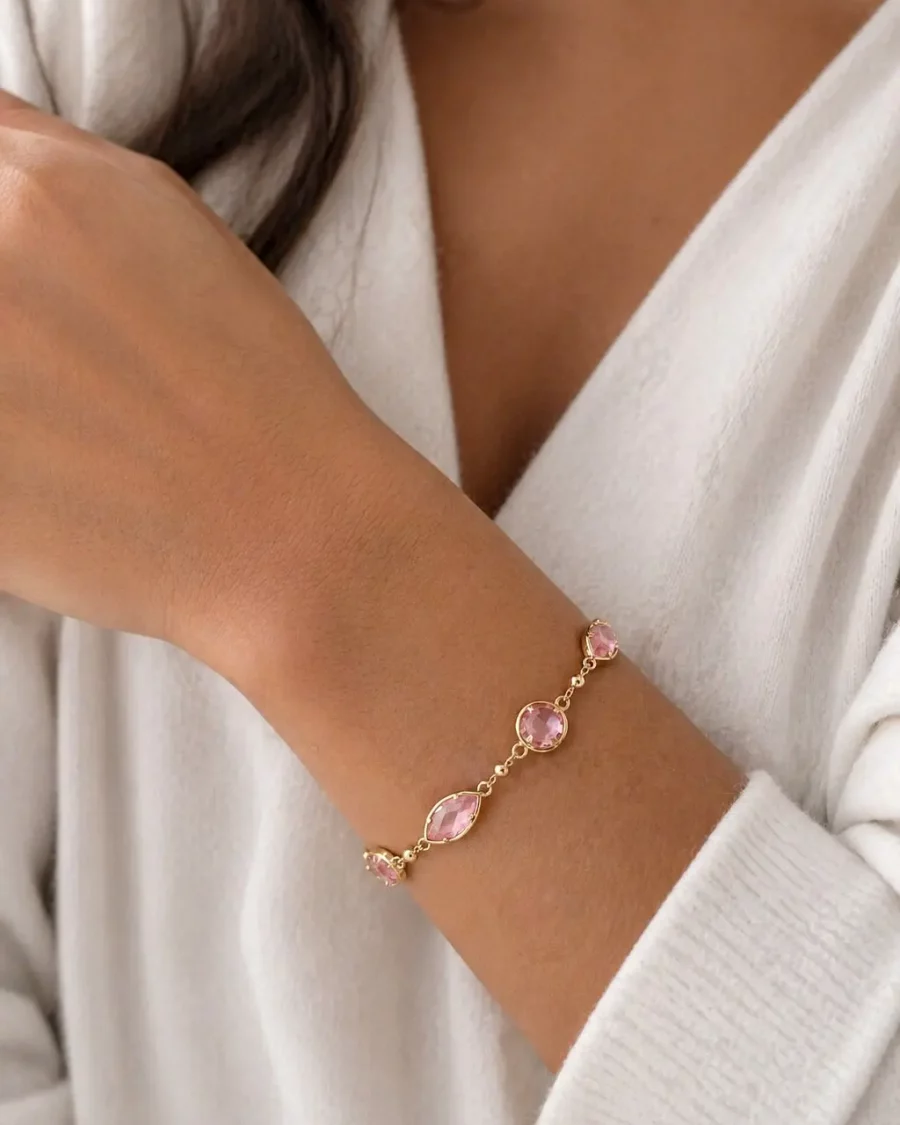 Bracelet doré pierres roses en acier inoxydable pour femme