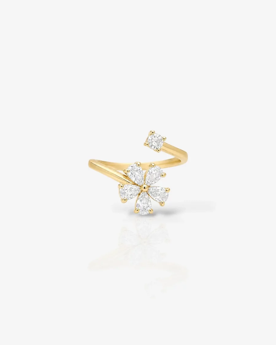 Bague fleur zircon dorée ajustable en acier inoxydable pour femme