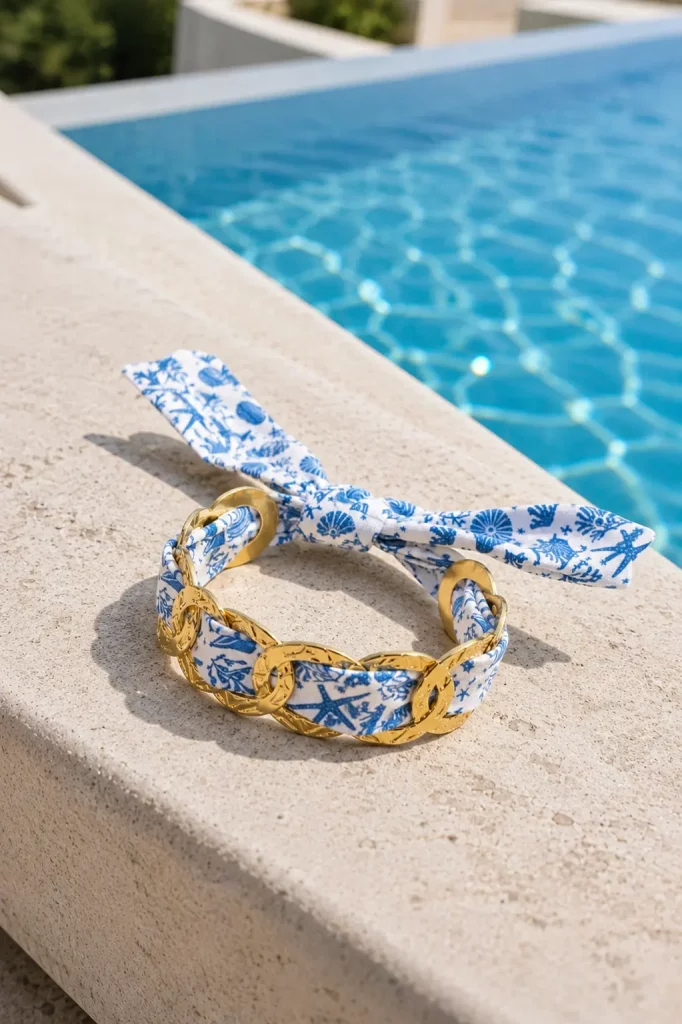 Bracelet Foulard Bleu Doré en Acier Inoxydable Femme tendance et ajustable