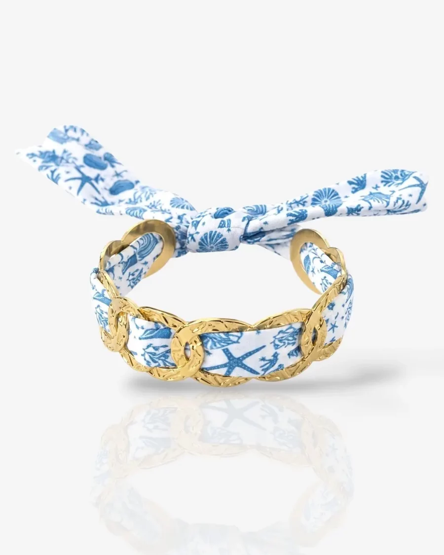 Bracelet Foulard Bleu Doré en Acier Inoxydable Femme tendance et ajustable