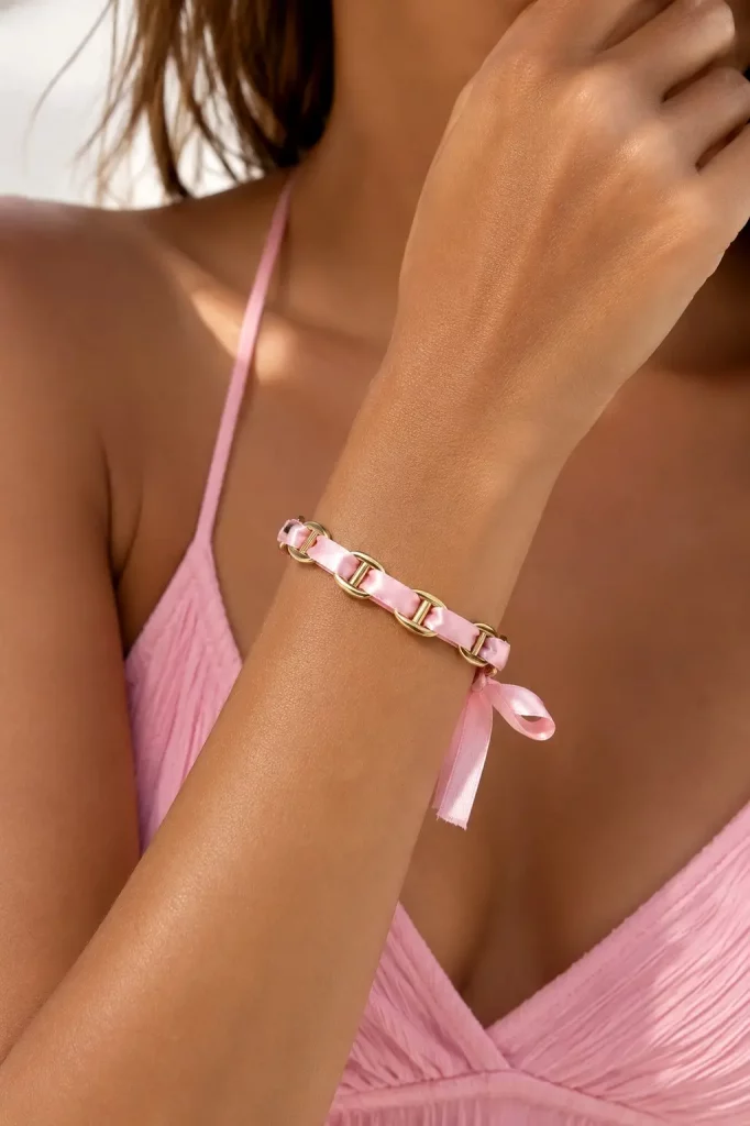 Jonc maille marine tissu rose acier inoxydable doré